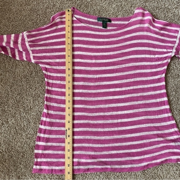 Lauren Ralph Lauren 100% Linen Top Shirt Womens L Pink White Striped 3/4 Sleeve - Picture 7 of 8